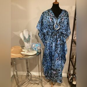 Blue Leopard /Peacock Print Caftan Swim Coverup or resortwear O/S